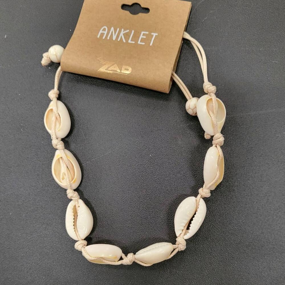 Cowry Shell Anklet Bracelet Tan Cord Pull Tie